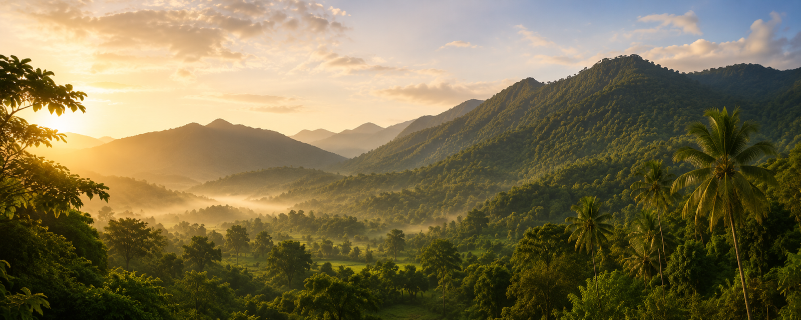 Misty Anaimalai hills with palm trees