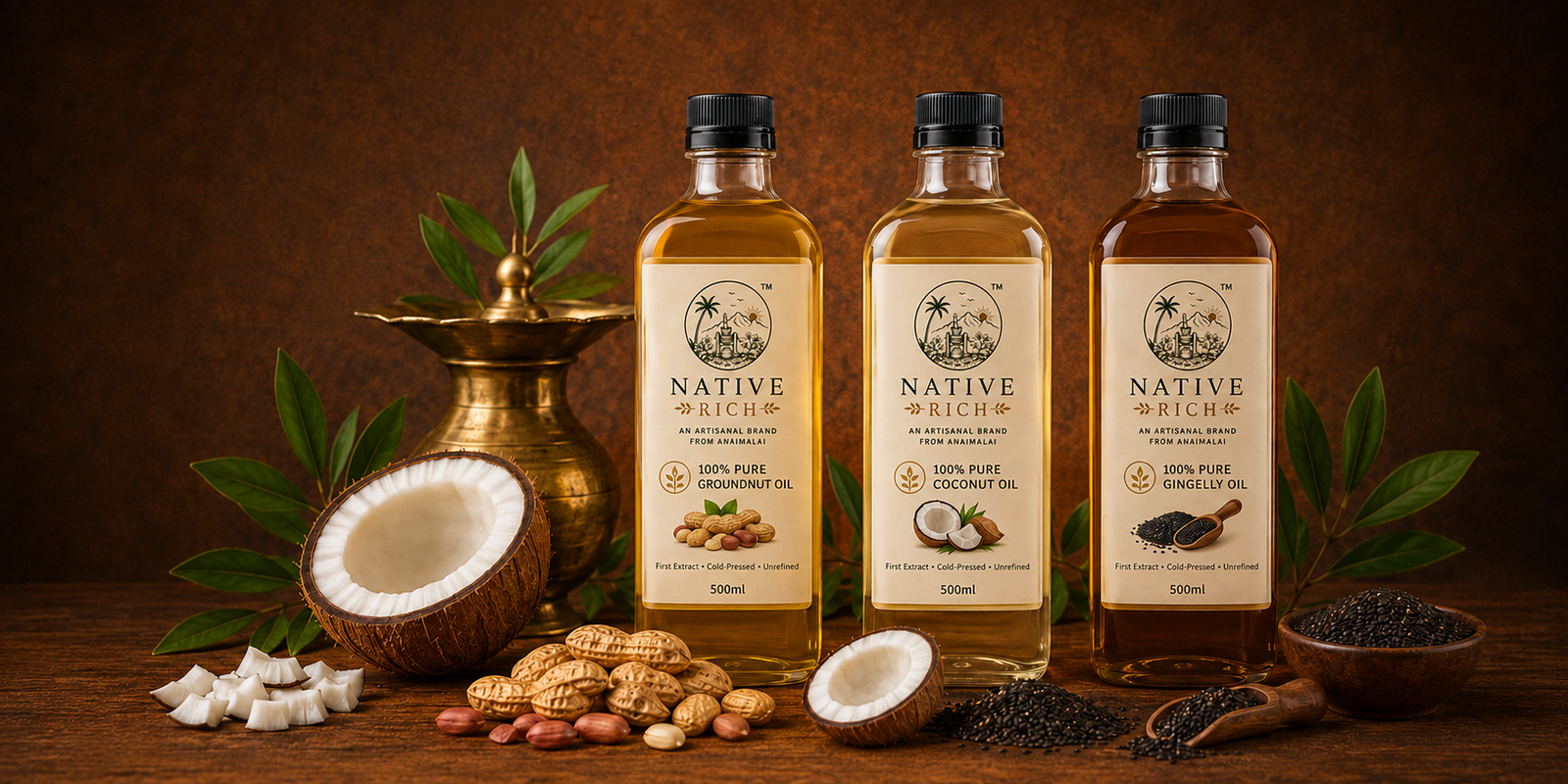 NativeRich cold-pressed oil bottles with coconut and groundnuts