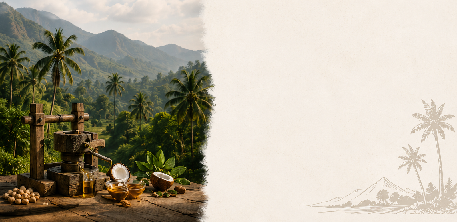 Anaimalai hills and cold-press oil making setup, fading into an illustrated background
