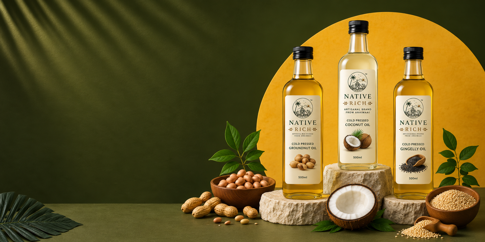 NativeRich cold-pressed oil bottles with groundnut, coconut and gingelly