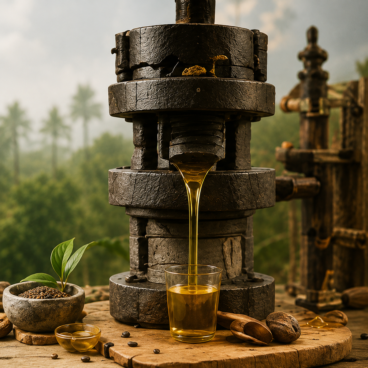 Traditional wooden cold press extracting oil