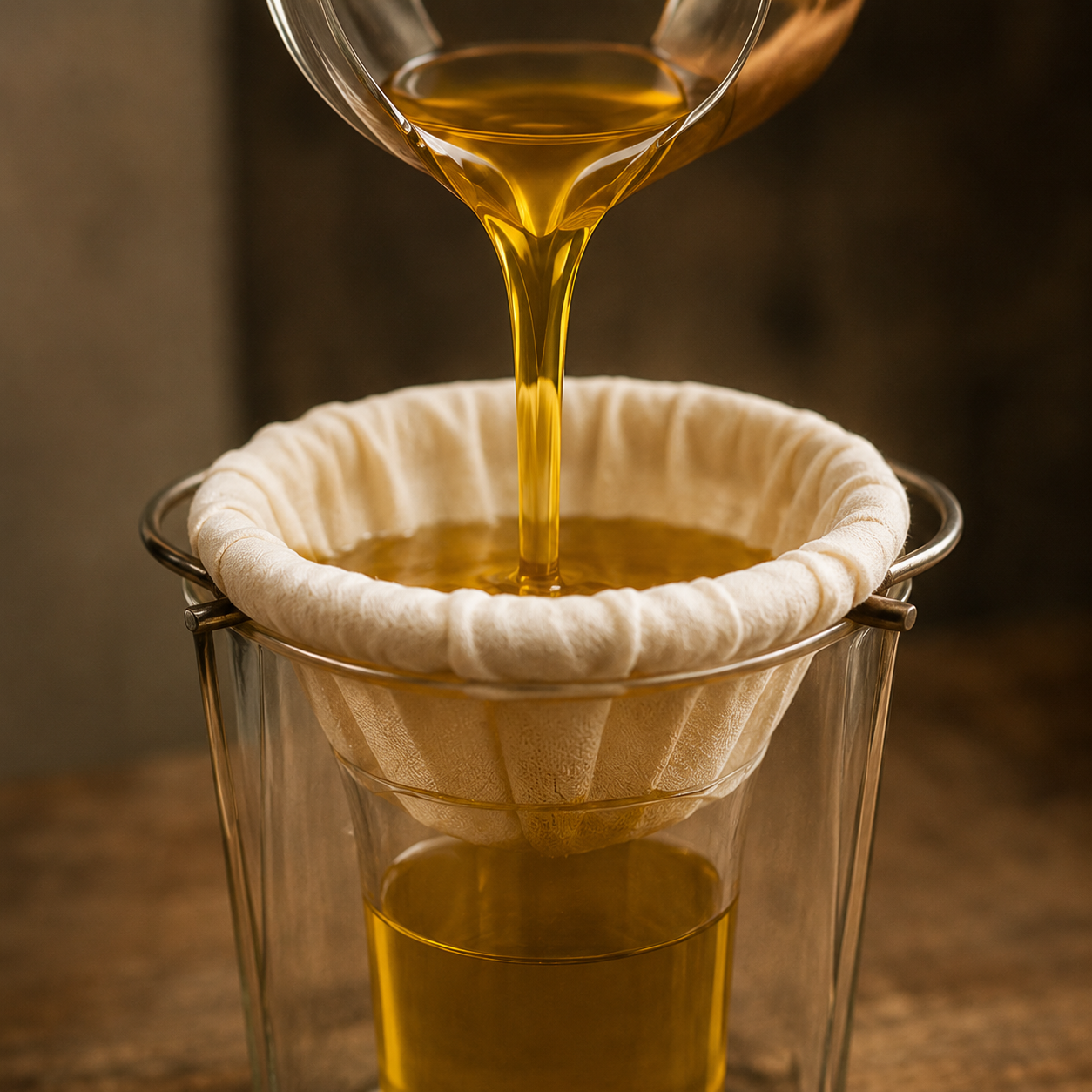 Oil being filtered through natural cloth filtration