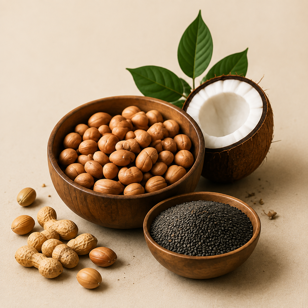 Carefully selected groundnuts, coconuts and sesame seeds