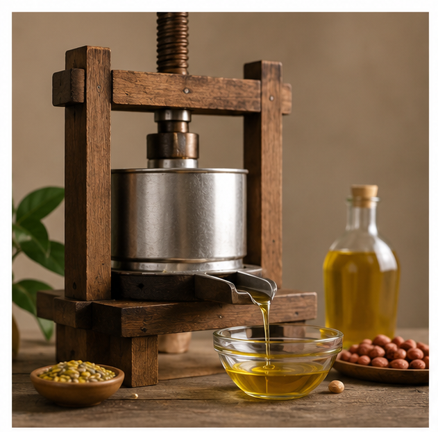 Traditional wooden cold press extracting oil