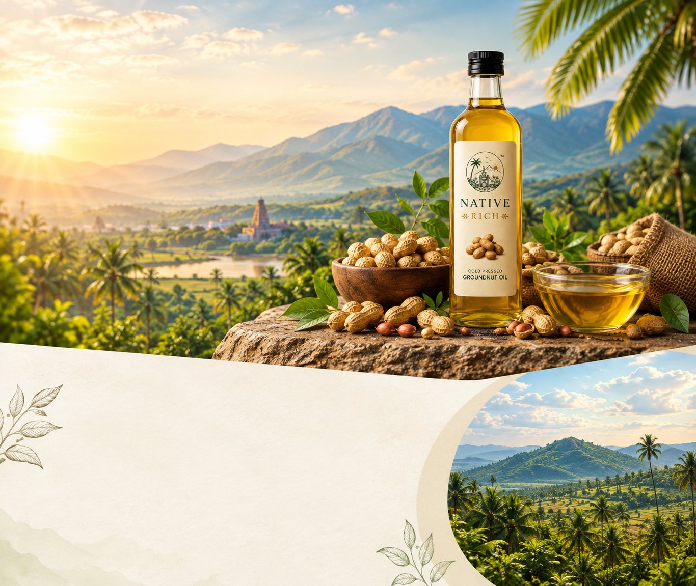 NativeRich groundnut oil bottle with Coimbatore hills, temple and sunrise in the background